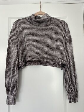 Free People Cropped Waffle Turtleneck Sweater in Heathered Gray
